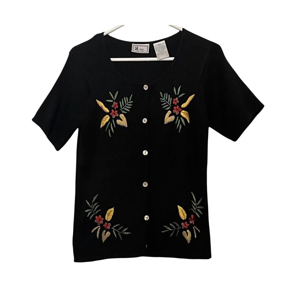 dB Line NY Top Womens Size S Black Embroidered Floral Ramie Cotton Vintage 90s